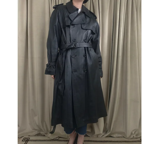 Vintage Black Genuine Leather Double Breasted Trench Coat - Picture 1 of 8